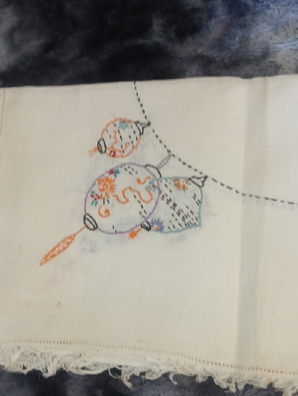 Embroidered Lanterns Cotton Tablecloth - Cream with Orange, Purple, Teal Accents